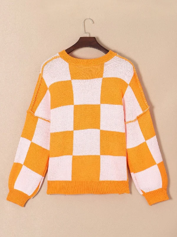 Comfortable Checkered Knit Pullover Flare Sleeve Stylish