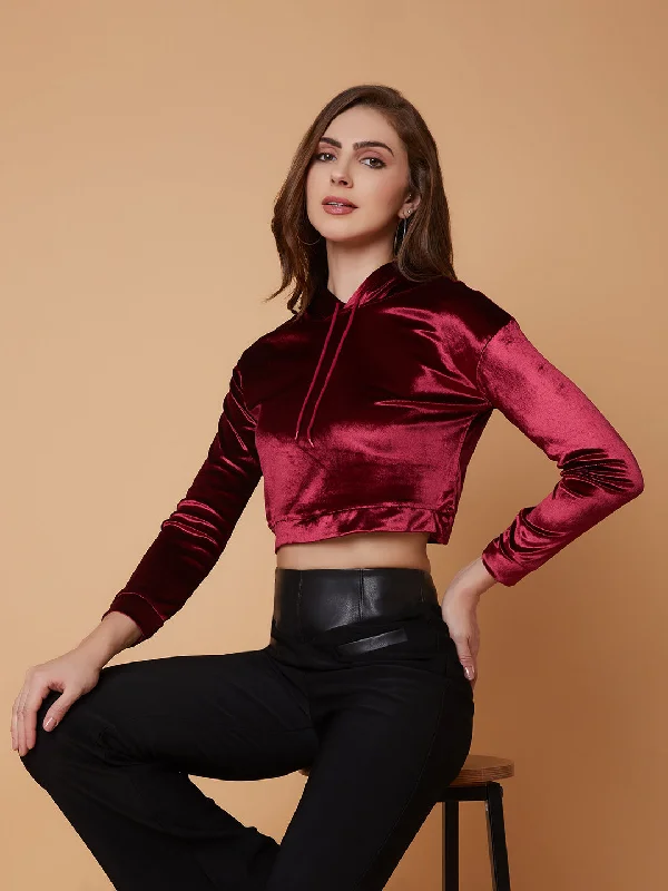 Women Solid Maroon Drop Shoulder Crop Pullover-AE-10662-Maroon Open Neck Pullover