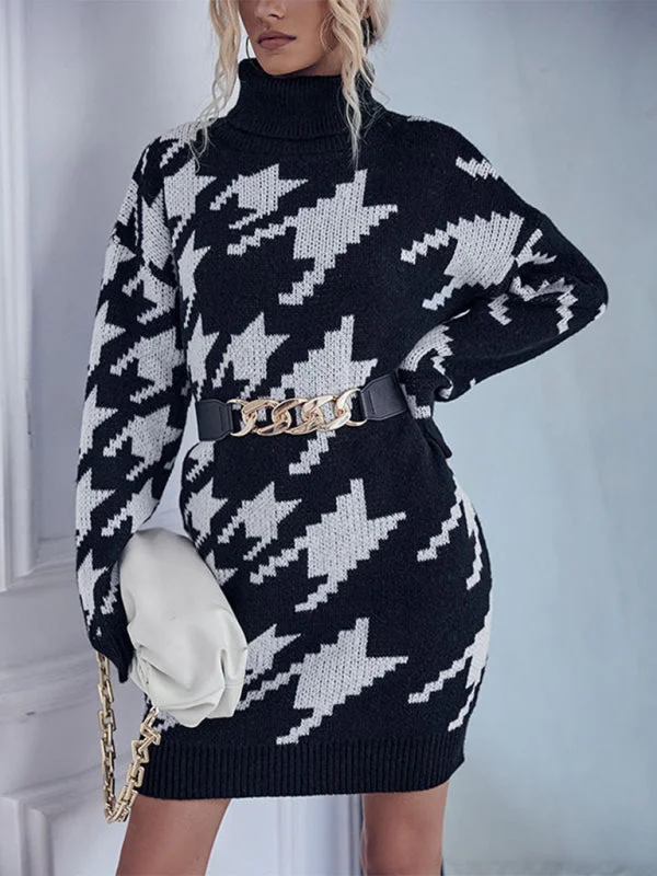 Blue Zone Planet | turtleneck loose long sleeve houndstooth sweater dress Front Pockets Side Pockets Patch Pockets Blue Zone Planet | turtleneck loose long sleeve houndstooth sweater dress Front Pockets Side Pockets Patch Pockets