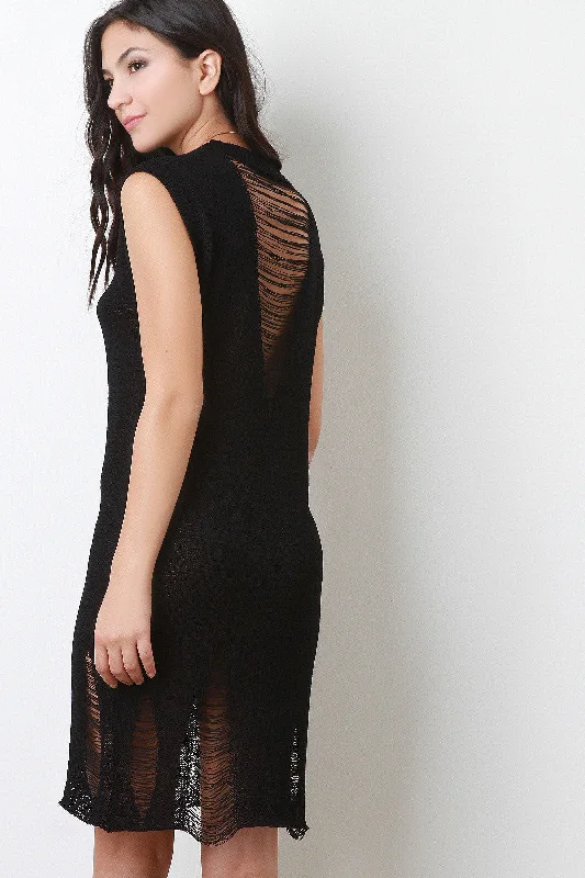 Distressed Sleeveless Sweater Cocktail Dress Open Front Closed Front Wrap Front