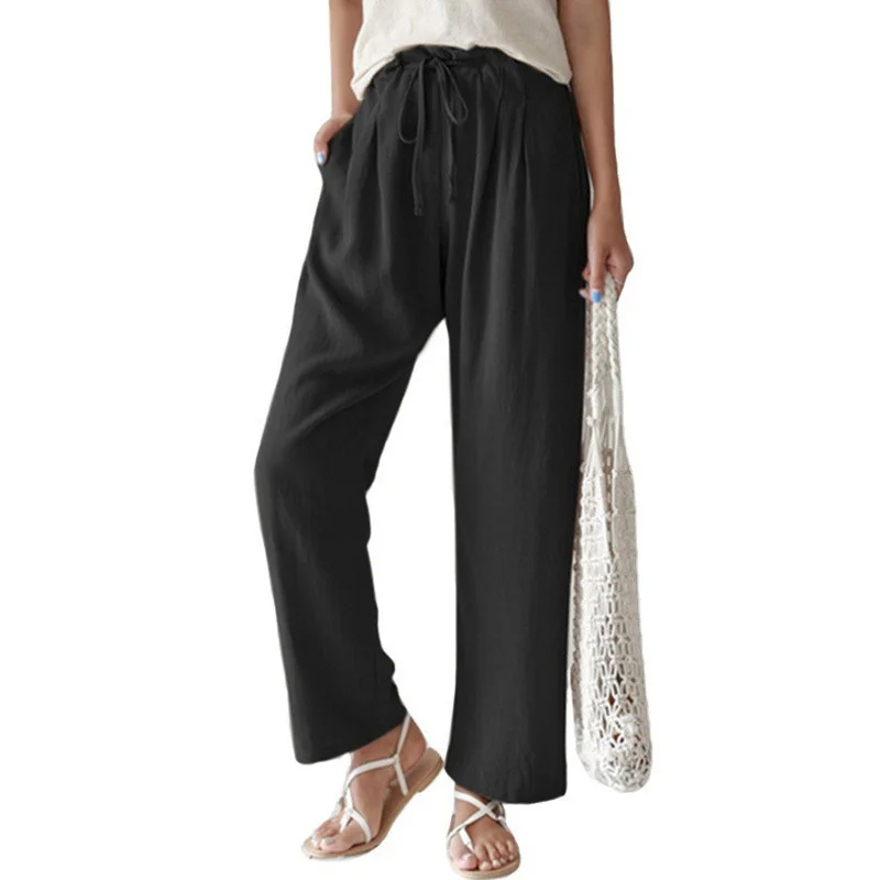 Women'S Fashion Casual Cotton Linen Loose Elastic-Waist Straight Leg Trousers Trousers Pleated Formal