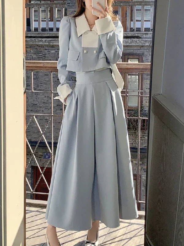 Getadme-Autumn Elegant 2 Piece Dress Set Women Slim Vintage Party Office Lady Korean Suit Long Sleeve Crop Tops + Casual Midi Skirt Asymmetrical Pockets Print