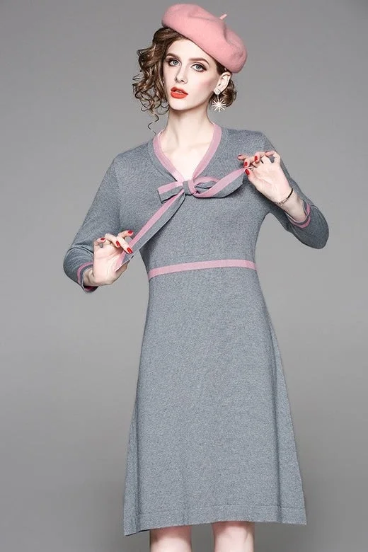 V Neck Sweater Dress W/ Tie High Neck Crew Neck V-Neck