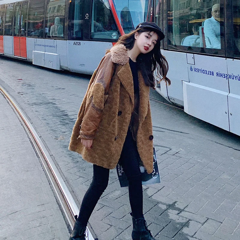 Fashion Leather with Fur Winter Women Jacket Coats Notch Collar Peter Pan Collar Cowl Neck