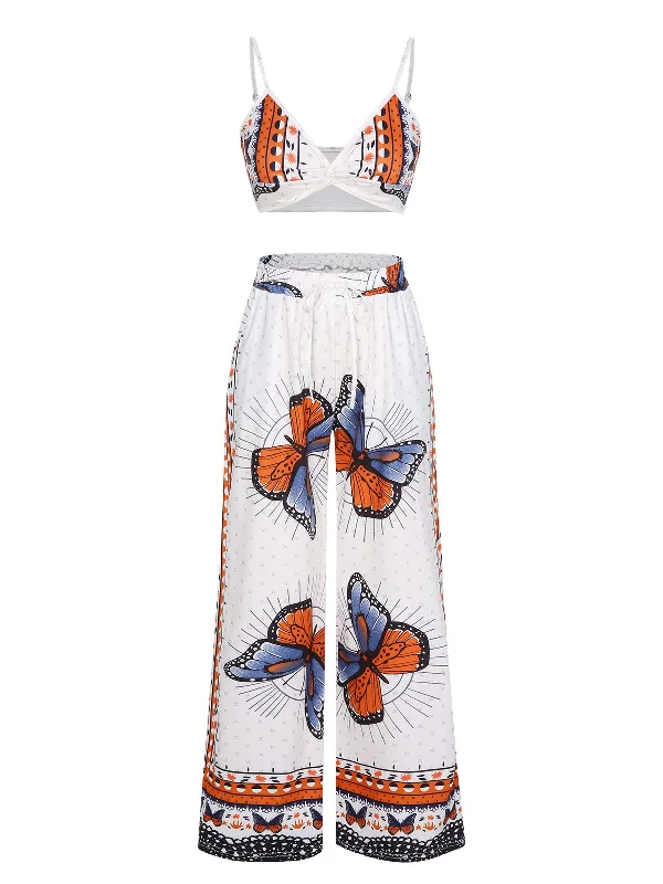 2PCS 1930s Butterfly Crop Tops & Wide Leg Pants Notch Collar Peter Pan Collar Cowl Neck 2PCS 1930s Butterfly Crop Tops & Wide Leg Pants Notch Collar Peter Pan Collar Cowl Neck