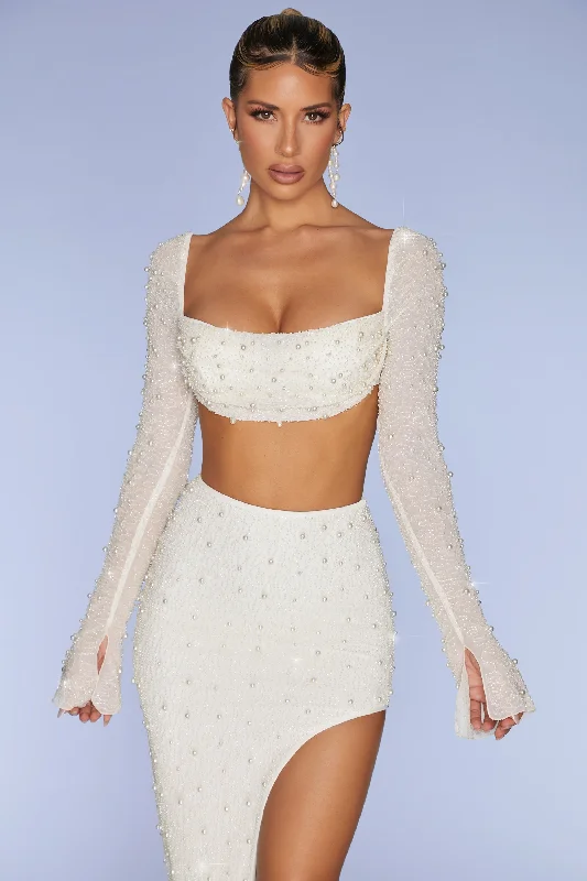 Embellished Cowl Neck Crop Top in Ivory Front Pockets Side Pockets Patch Pockets
