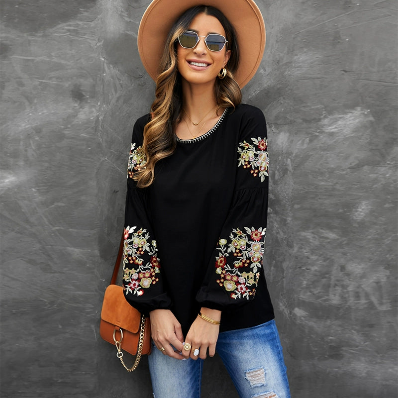 Fashion Embroider Fashion Black Pullover Long Sleeves T-shirt Mock Neck Pullover