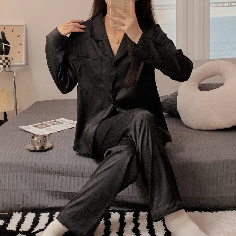 Cozy Women Summer Solid Color Homewear Long-Sleeved Trousers Pajamas Suit Chinos Cotton Straight Leg