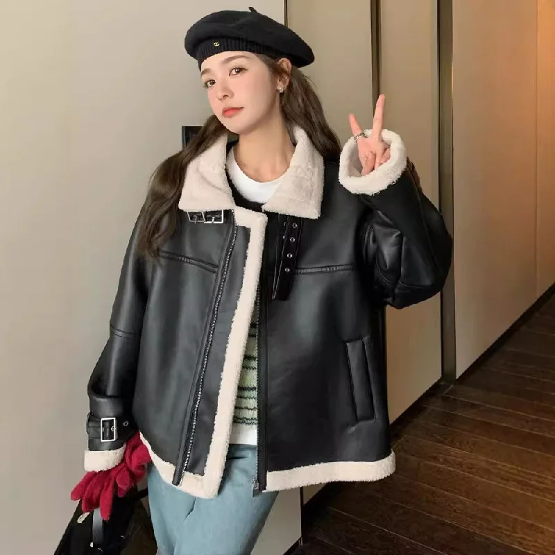 Winter Leather with Fur Women Jacket Coats Print Jacket Jacquard Jacket Patchwork Jacket