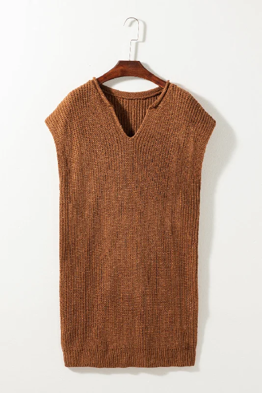 Camel Solid Color Short Sleeve Notched V Neck Sweater Dress Beaded Sweater Sequined Faux Fur