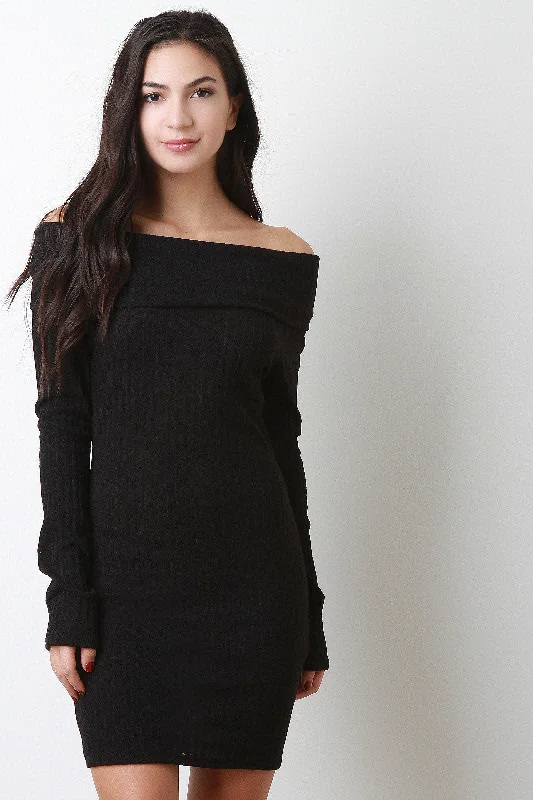 Off-The-Shoulder Ribbed Sweater Dress Real Fur Shearling Chenille