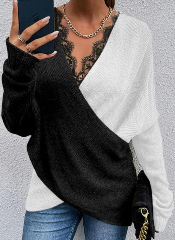 Knitted Temperament Commuter Color Matching V-neck Loose Pullover Honey Neck Pullover