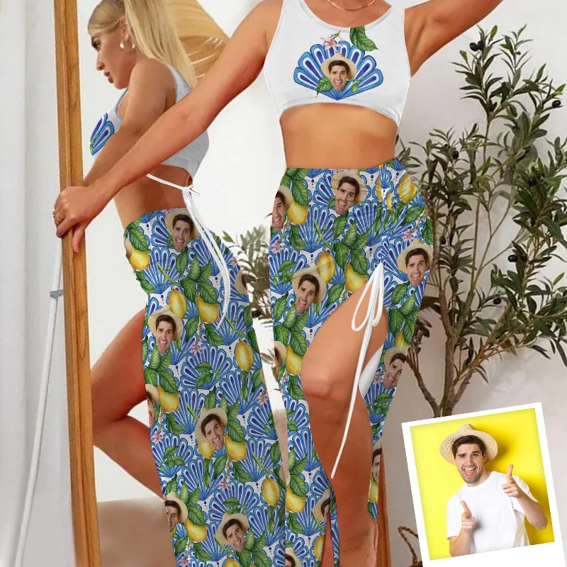 Custom Face Blue Sector Beach Outfits Dress Personalized Women's Sleeveless Backless Crop Top & Side Slit Drawstring Skirt Set Mesh Canvas Denim