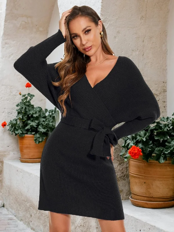 V-Neck Wrap Long Dolman Sleeve Knit Bodycon Sweater Dress Slim Fit Regular Fit Oversized
