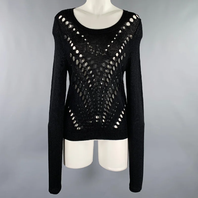 SANDRO Size S Black Viscose Nylon See Through Long Sleeve Pullover Ruffle Sleeve Feminine