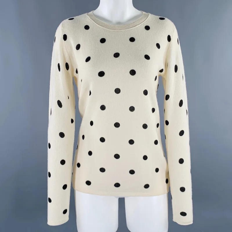 NEIMAN MARCUS Size S Beige Black Cashmere Polka Dot Crew Neck Pullover Long Bell Sleeve