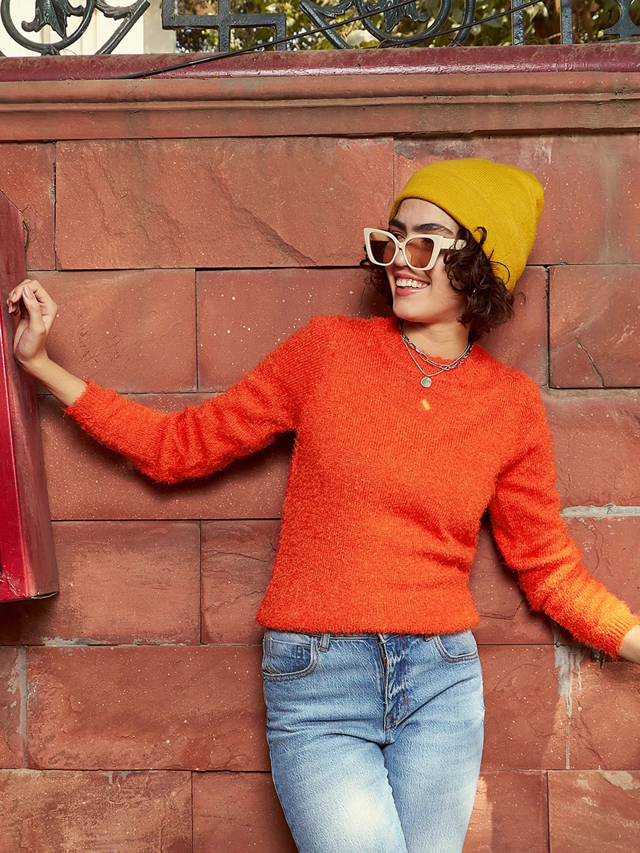 Women Orange Round Neck Hairy Fur Pullover Sweater Box Sleeve Comfort