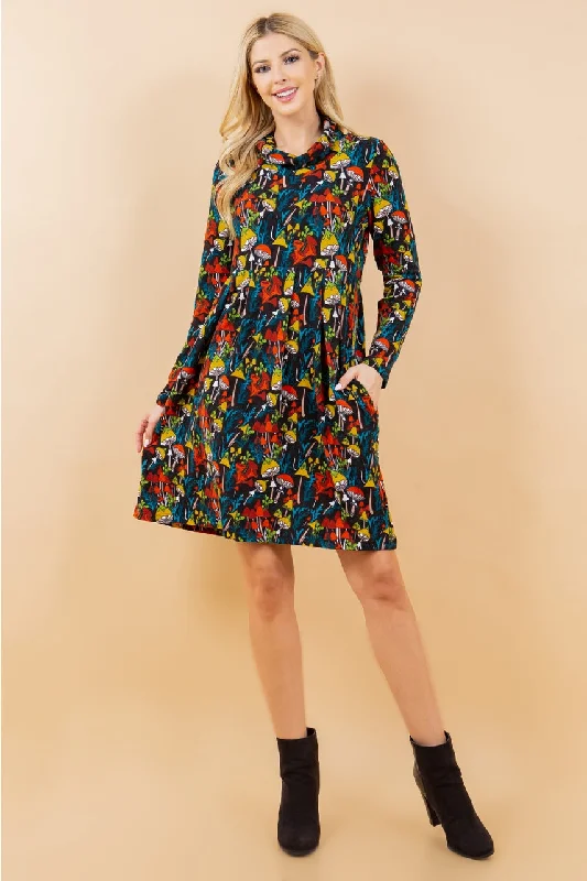 Mushroom Print Sweater Dress - Size S Soft Cozy Warm