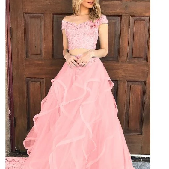 Coral Pink Tired Crop Top Prom Dress For Teens Graduation Formal Gown with Lace  cg6700 Ribbed Striped Patterned