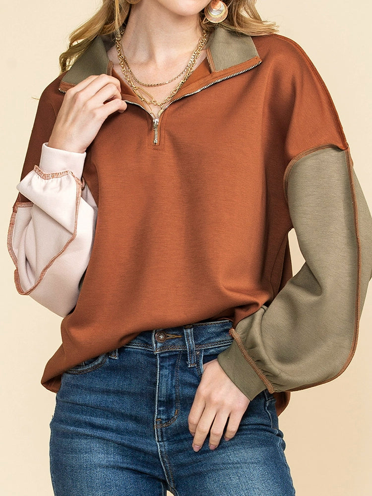 Fall 2024 New Arrival Colored Pullover Sweatshirt Women Fashion Loose Easiest for Match Casual Half Open V-neck Long Sleeve Top Women Shirred Sleeve Feminine