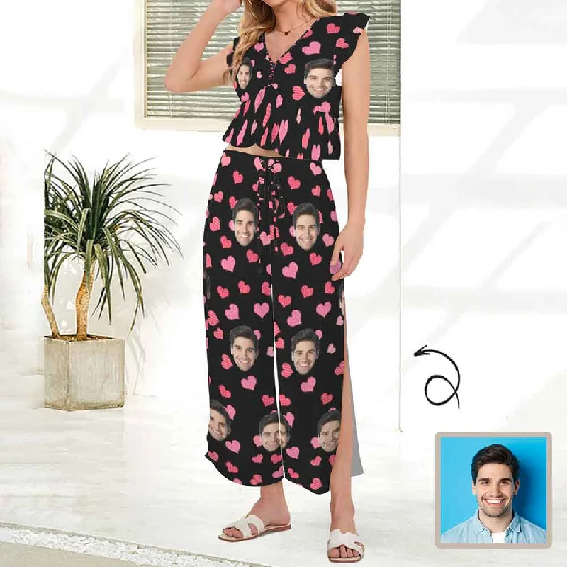 Custom Face Pink Heart Women's Deep V Neck Crop Top Side Slit Drawstring Wide Leg Pants Set Elegant Classic Vintage