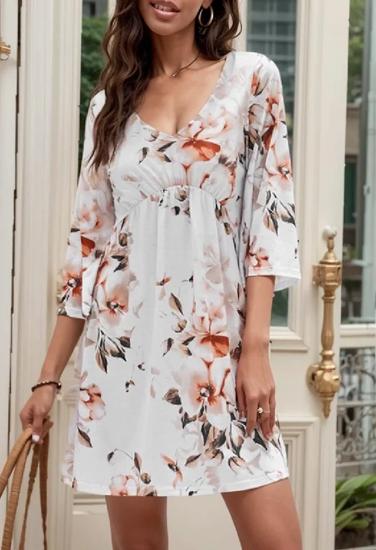 2024 Summer Thin Three-Quarter Sleeve Dress Women Fashion New Arrival Pullover V-neck Fashion Floral Knee-Length Skirt Women Slouchy Comfort Pullover