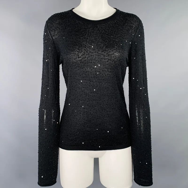 VIVIENNE TAM Size 2 Black Silk Cashmere Sequined Crew Neck Pullover Three Quarter Sleeve