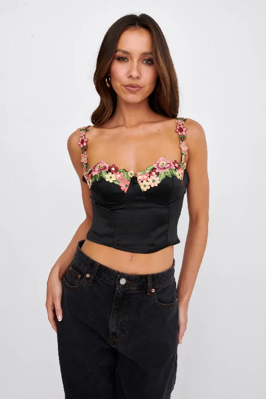 Rose Garden Floral Applique Crop Top Black Real Fur Shearling Chenille