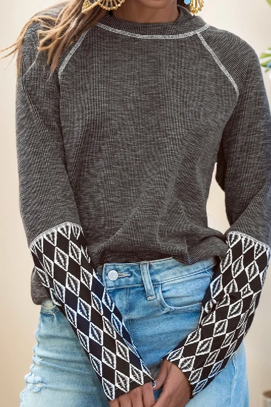 Fall and Winter Rhombus Prints Silm Pullover Long Sleeves Tops Ruffle Sleeve Feminine