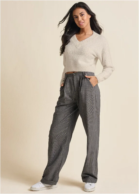 Stripe Wide Leg Trousers - Grey & Gold Trousers Harem Relaxed Fit