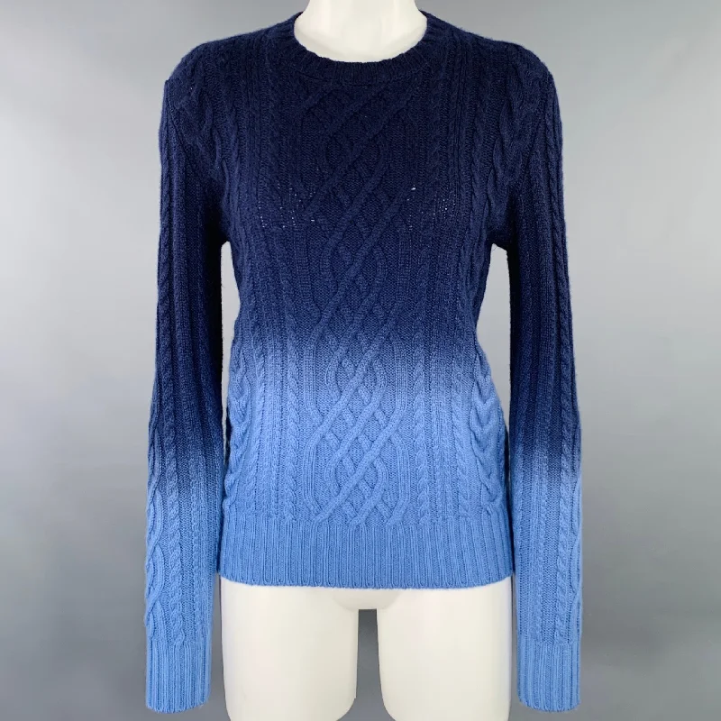 RALPH LAUREN Size S Navy Blue Cashmere Ombre Cable Knit Pullover Shirred Sleeve Feminine