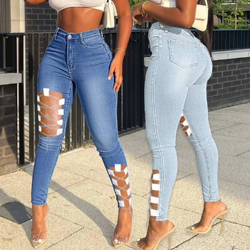 J&H 2023 new arrivals chain cross striped hollow out jeans women fashion denim trousers slim fit sexy high waist pants Trousers Versatile Stylish