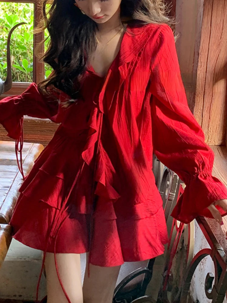 GETADME 2024 Autumn Red 2 Piece Dress Set Women Casual V-Neck Y2k Crop Tops + Mini Skirts Even Party Clothing Korean Style Fashion Suits Polka Dot Checkered Tartan