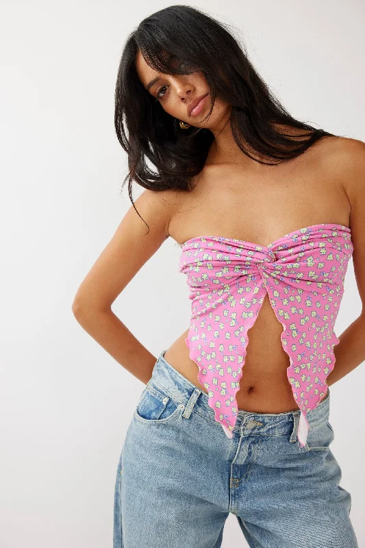 Lulu Strapless Crop Top Hot Pink/Lemon Elasticated Padded Insulated