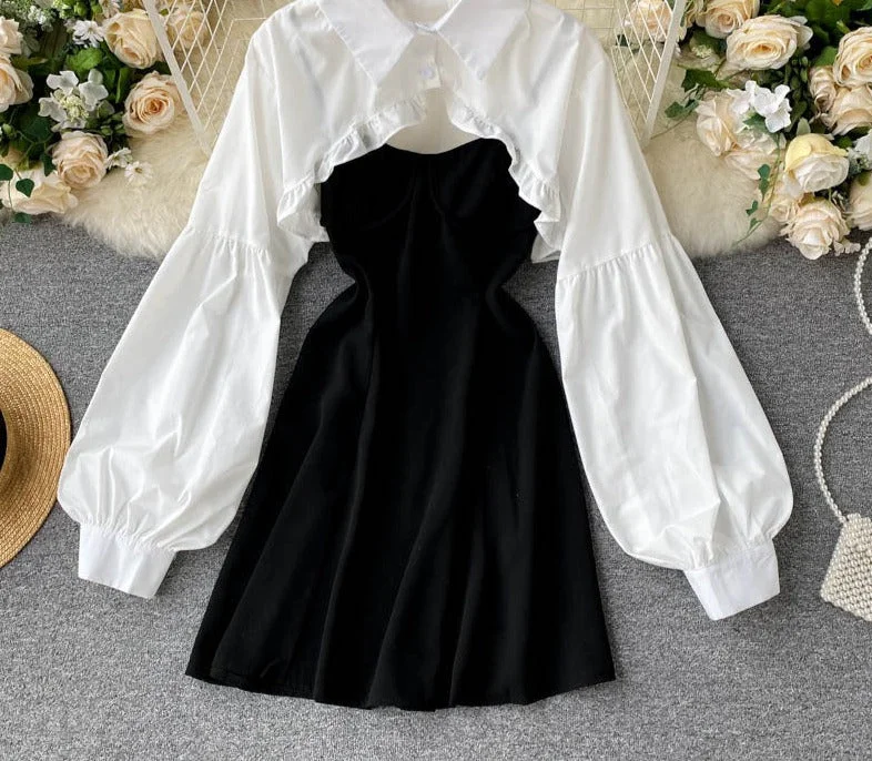 Vintage Gothic Black Lolita Dress Women Japanese Sweet Ruffled Puff Long Sleeve Blouses Crop Tops+Spaghetti Strap Party Vestidos Layered Multi-layer Single Layer