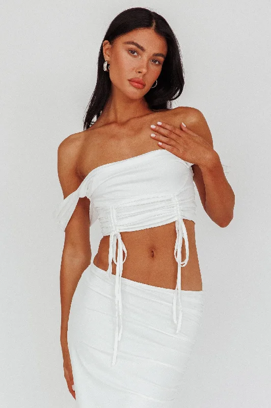 Headliner Drawstring Ruched  Crop Top White Fashionable Trendy Casual