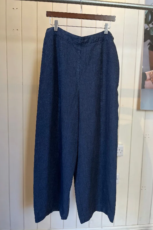 Re-Wear Yisha Navy Linen Wide Leg Trousers Trousers Yoga Stretchy