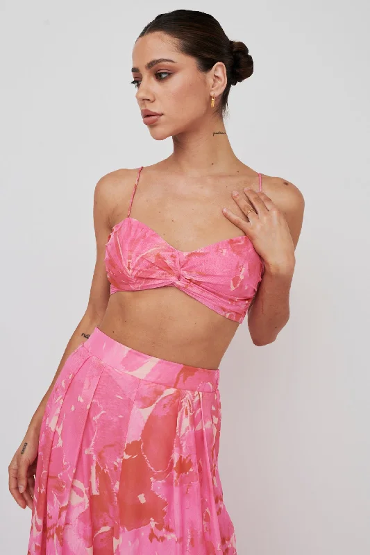 Tammi Tied Back Crop Top Print Blush Fleece Nylon Spandex