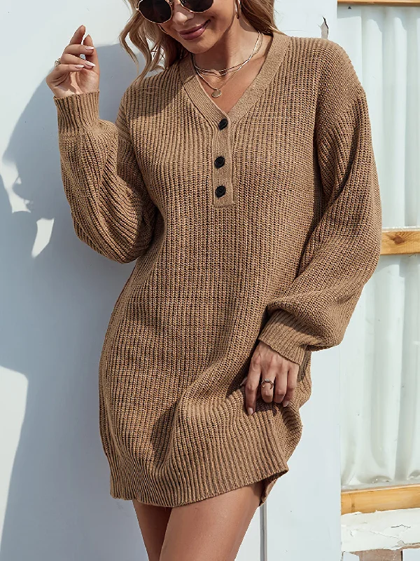 Blue Zone Planet |  V-Neck Dropped Shoulder Mini Sweater Dress Herringbone Houndstooth Plaid