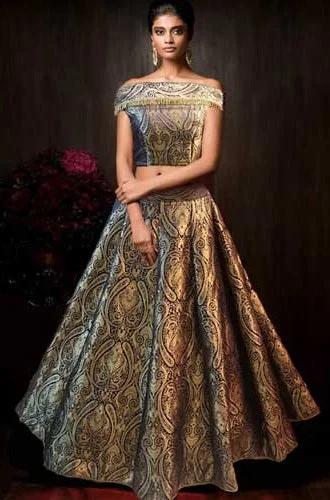 L1, Brocade Crop Top Off Shoulder Lehenga, Size (XS-30 to L-38) Collared Crop Top Boat Neck A-Line