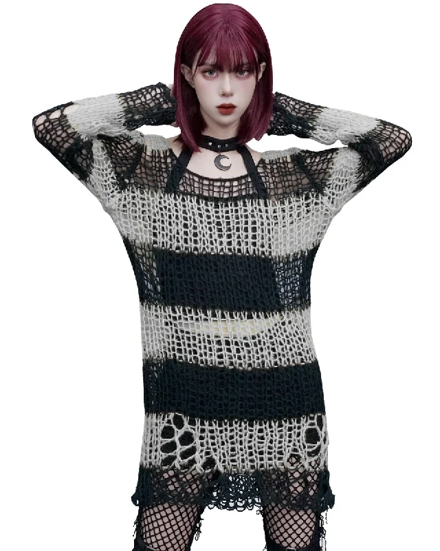 Punk Rave Womens Shredded Broken Knit Sweater Top - Black & White Stripe Faux Fur Fabric Real Fur Fabric Shearling Fabric