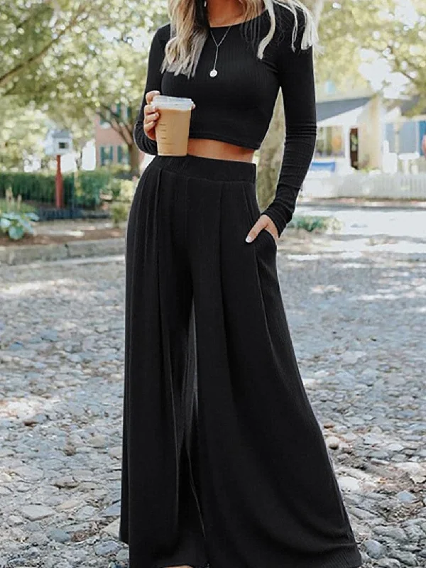 Black Ribbed Crop Top and High Waist Pants Set with Stylish Flare Spandex Blend Rayon Blend Denim Blend Black Ribbed Crop Top and High Waist Pants Set with Stylish Flare Spandex Blend Rayon Blend Denim Blend