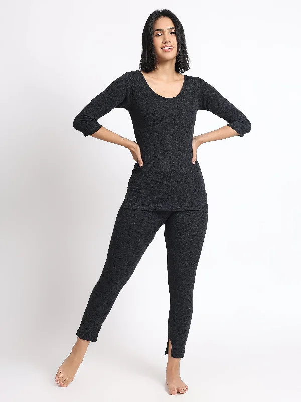 T.T. Women Regular Fit Cotton Rich With Elastomeric Finish 3/4Th Slip -Trouser Thermal Set -Black Trousers Formal Black