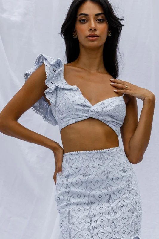 Talk About Me Ruffle Shoulder Twist Bust Crop Top Steel Blue Denim Fabric Leather Fabric Suede Fabric