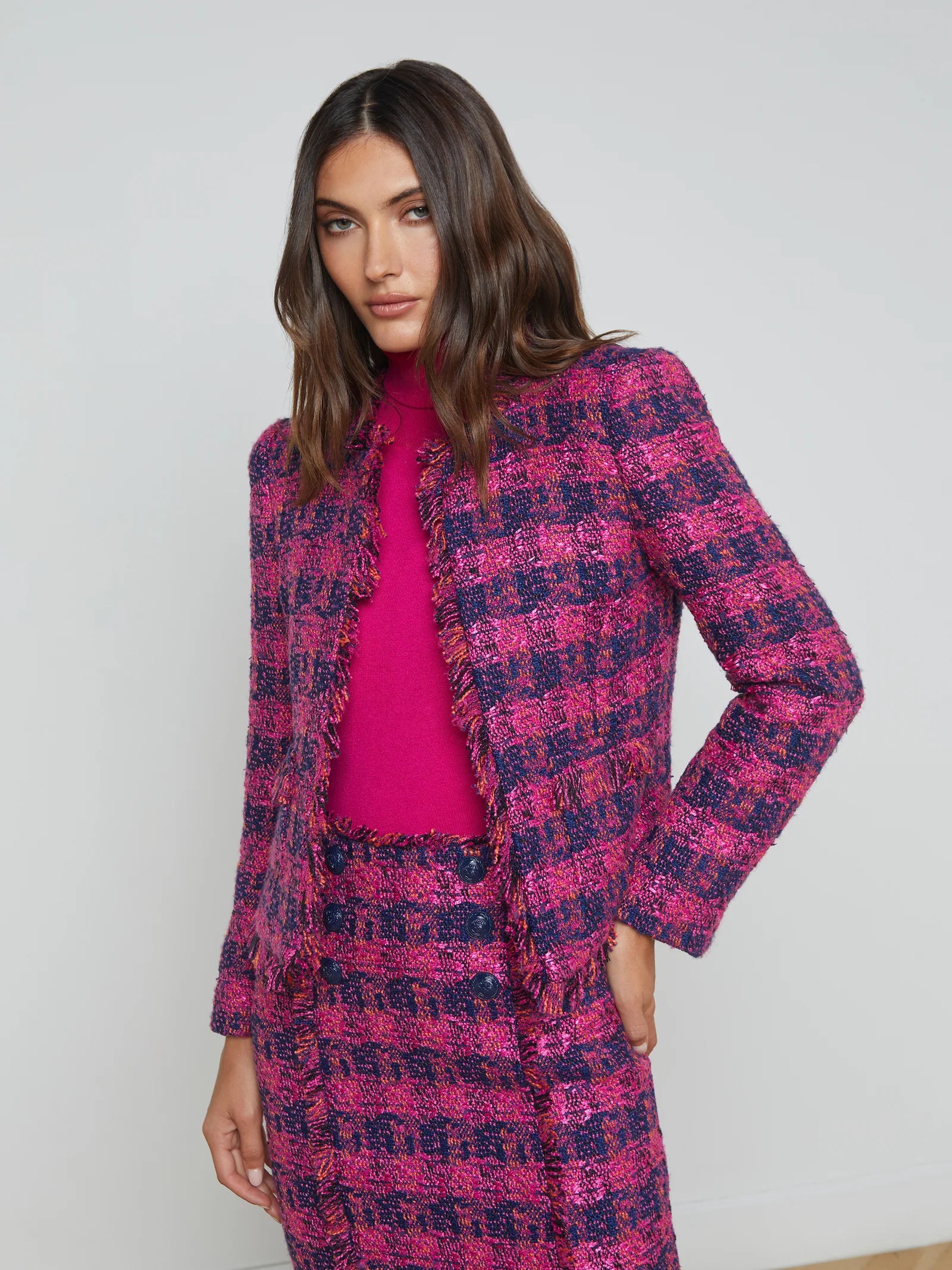 Angelina Tweed Jacket Midnight/Acai/Ruby - L'AGENCE Plaid Jacket Tartan Jacket Houndstooth Jacket