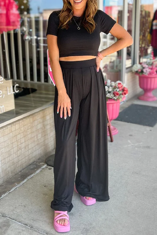 Slim Fit Crop Top and Pleated Wide Leg Pants Set Chenille Blend Fleece Blend Nylon Blend Slim Fit Crop Top and Pleated Wide Leg Pants Set Chenille Blend Fleece Blend Nylon Blend