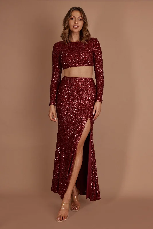 Nights In Monaco Sequin Crop Top Burgundy Rayon Velvet Corduroy
