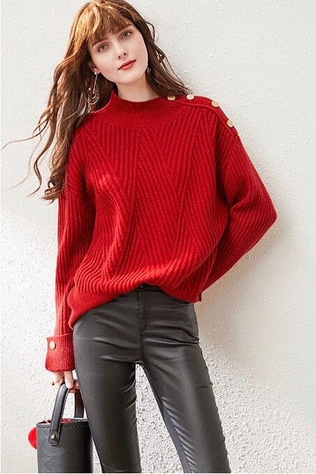 Red Wool Sweater W/ Gold Buttons Notch Collar Peter Pan Collar Cowl Neck