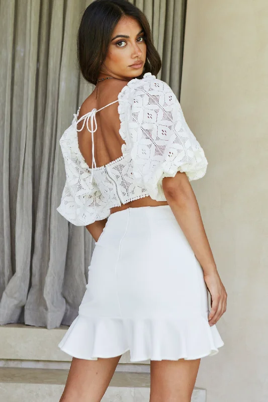 Talk About Me Puff Half Sleeve Circle Trim Crop Top White Denim Fabric Leather Fabric Suede Fabric