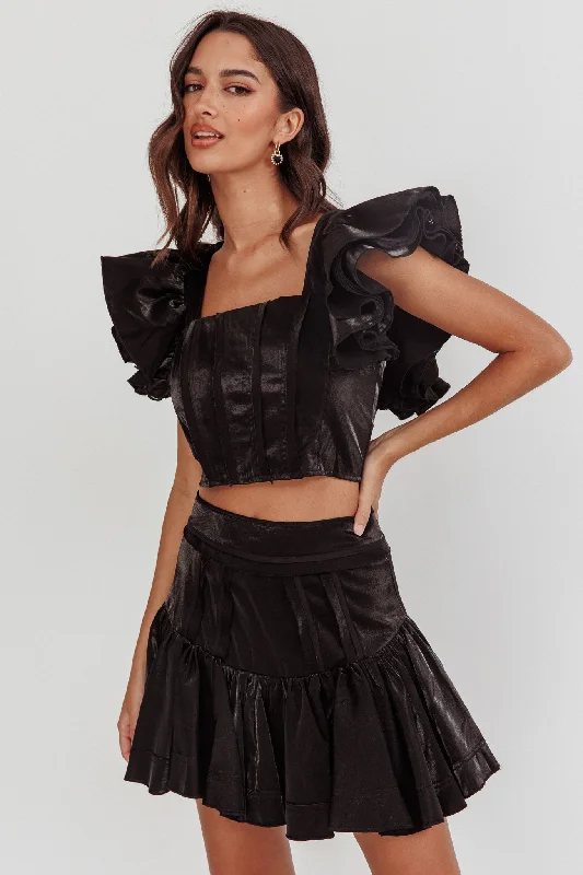 Debutante Ruffle Sleeve Crop Top Black Polka Dot Checkered Tartan